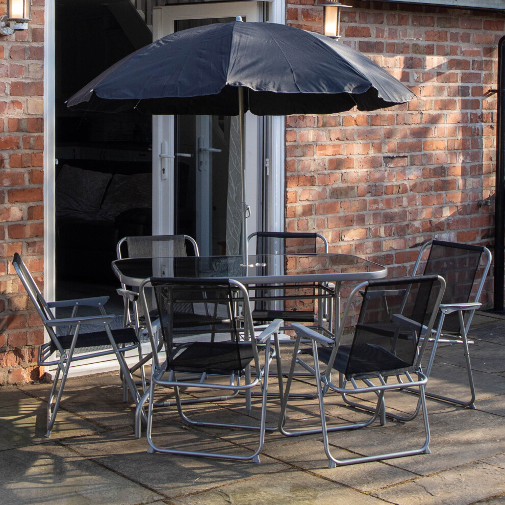 Samuel Alexander 6 Seater Patio Dining Set - Black Aluminium Glass Table - 6 Chairs with Parasol - Image 5