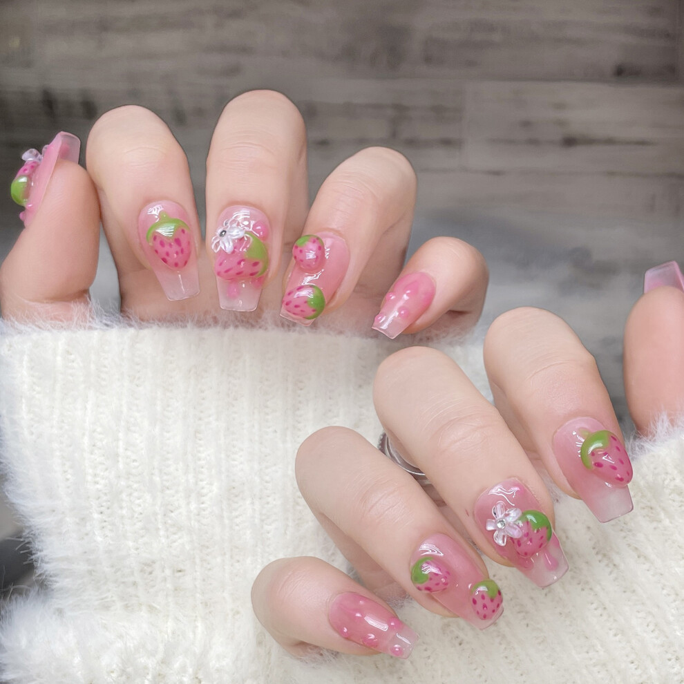 Zhouq-Outdoors (1400) 10Pcs Pink Strawberry Fake Nails Sweet Style