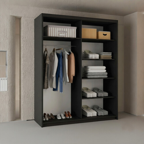 MN Furniture High Gloss Sliding Mirrored Wardrobes Black 180cm 1