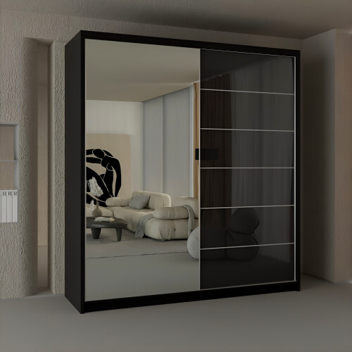 MN Furniture High Gloss Sliding Mirrored Wardrobes Black 180cm