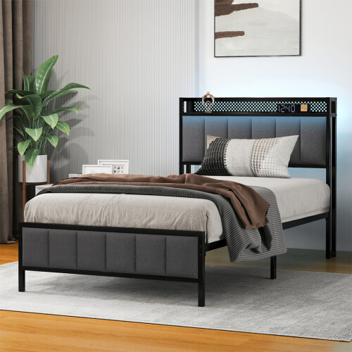 Levede Large Single Bed Frame Metal 90x200cm LED Headboard Charging Station