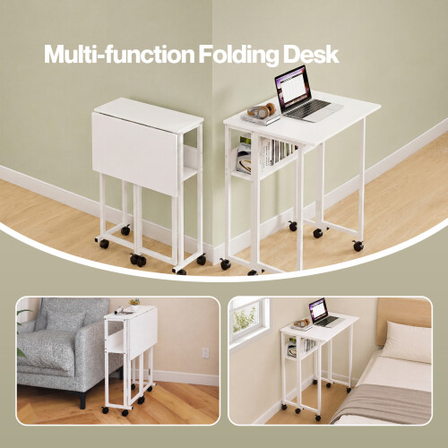 Levede Folding Computer Desk Extandable Table with Storage Shelf Wheeled Compact 2