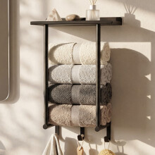 Levede Towel Rack Wall Mounted Shelf Bathroom Storage Holder with Hooks Black