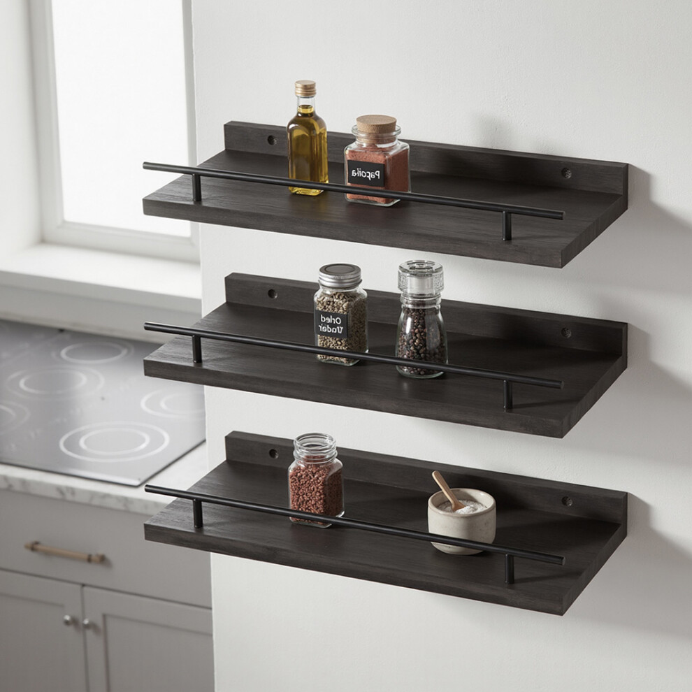 Levede Floating Shelves Set Of 3 Wooden Wall Mounted Shelves Storage Black 9356877170805
