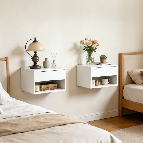 Levede Bedside Table Floating Set of 2 Wall Mounted Drawer Open Shelf White
