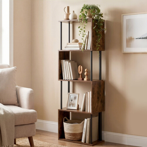 Levede 5-Tier Bookshelf S-Shaped Geometric Tall Bookcase Storage Unit Walnut