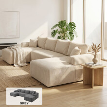 (Beige) Levede Modular Sofa Bed Corduroy 3 4 Seater Cozy Corner Convertible Lounge Couch