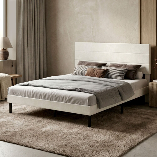 Levede Double Bed Frame with Upholstered Headboard Velvet Foam White Fabric