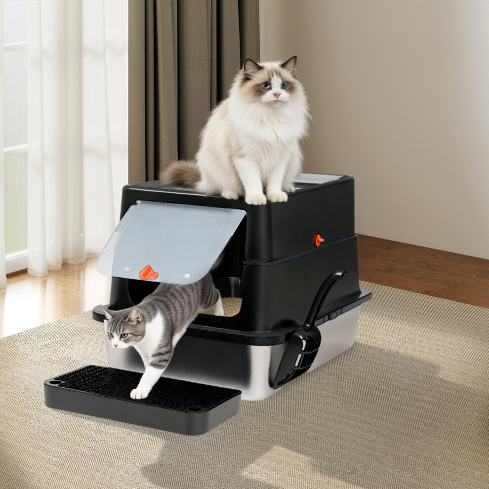 HexGuard Skylos Large Stainless Steel Enclosed Cat Litter Box in Black - Image 2