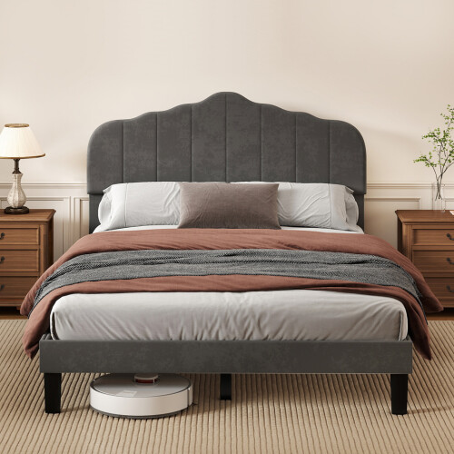 Levede King Scalloped Linen Upholstered Bed