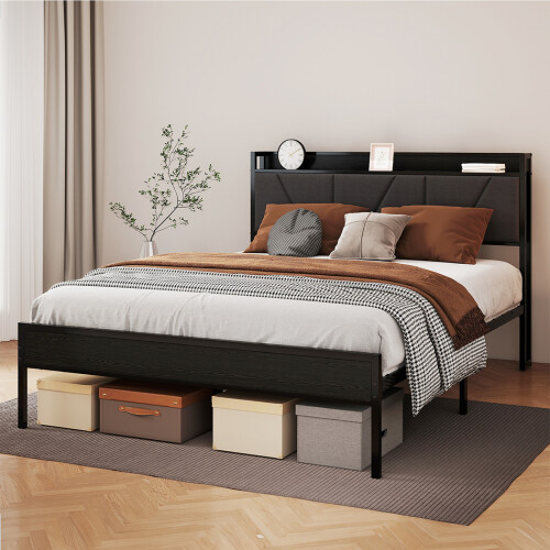 Levede Double Linen Bed Frame LED Charging Storage