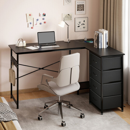 Levede L-Shape Gaming Desk RGB LED 4 Drawers Black