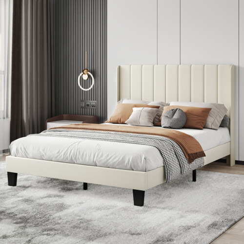 Levede Double Plush Upholstered Panel Bed Beige