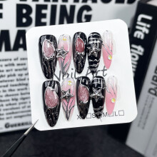 (XS) Glitter Pink Black Fake Nails for Stage Wear