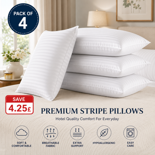 Imperial Rooms (4-Pack Stripe Pillows) Luxury Hotel Quality Stripe Pillow For Bed, Sleeping Standard Size UK