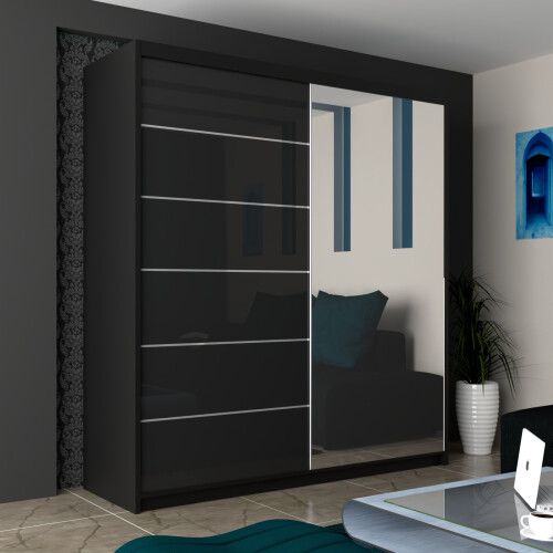 MN Furniture Munich High Gloss Sliding Mirrored Wardrobes Black 150cm