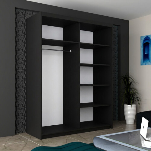 MN Furniture Munich High Gloss Sliding Mirrored Wardrobes Black 150cm 1