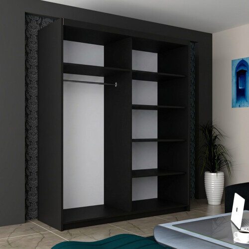 MN Furniture Munich High Gloss Sliding Mirrored Wardrobes Black 180cm 1