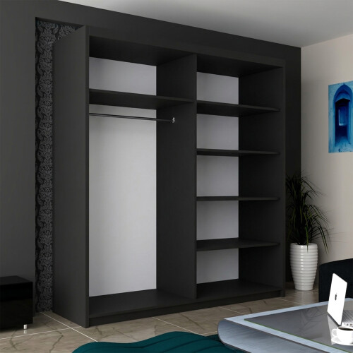 MN Furniture Munich High Gloss Sliding Mirrored Wardrobes Black 200cm 1