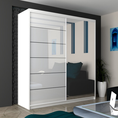MN Furniture Munich High Gloss Sliding Mirrored Wardrobes White 200cm