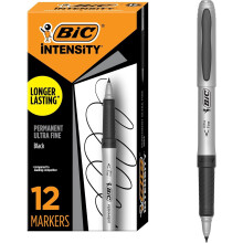 BIC Intensity Black Permanent Markers, Ultra Fine Point, 12-Count Pack of Black Markers With Non-Slip Grip for Comfort and Control