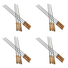 Kebab BBQ Stainless Steel Skewers with Wooden Handles Flat Reusable Metal Skewer Sticks with Storage Pouch 24Pcs