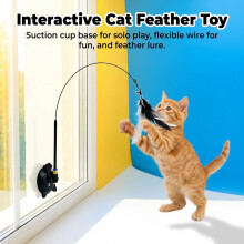 (Black Suction Cup BlackWhite Feathers Wire Rod) Cat Teaser Wand w/ Suction Base & Colorful Heads