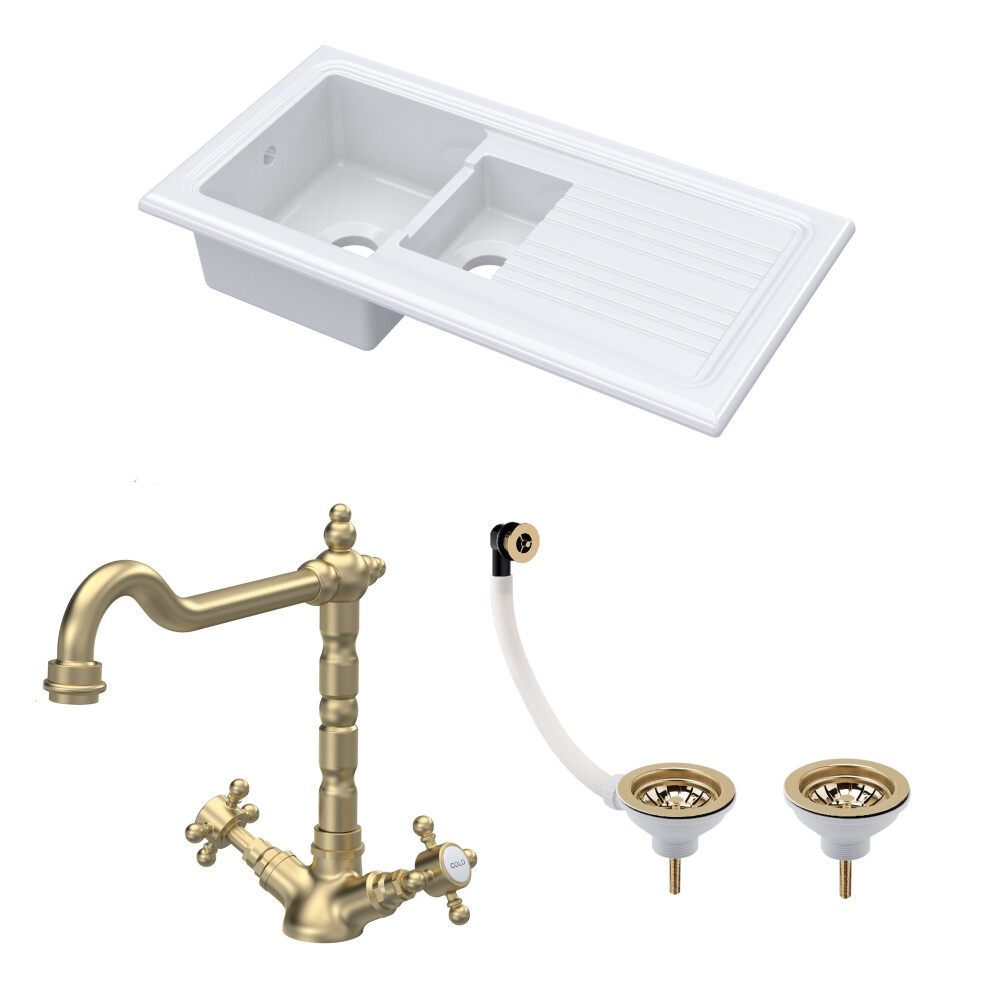 Balterley Traditional Fireclay Kitchen Bundle: 1.5 Bowl Sink & Drainer, Waste & French Classic Tap, 1010Mm - Brushed Brass