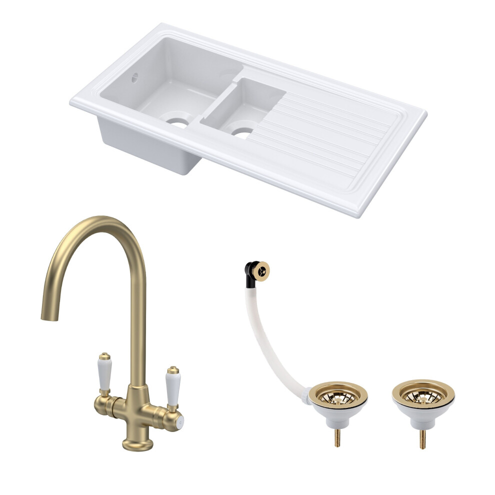 Traditional Fireclay Kitchen Bundle: 1.5 Bowl Sink With Drainer, Waste & Mono Lever Tap, 1010Mm - Brushed Brass 5056678439746