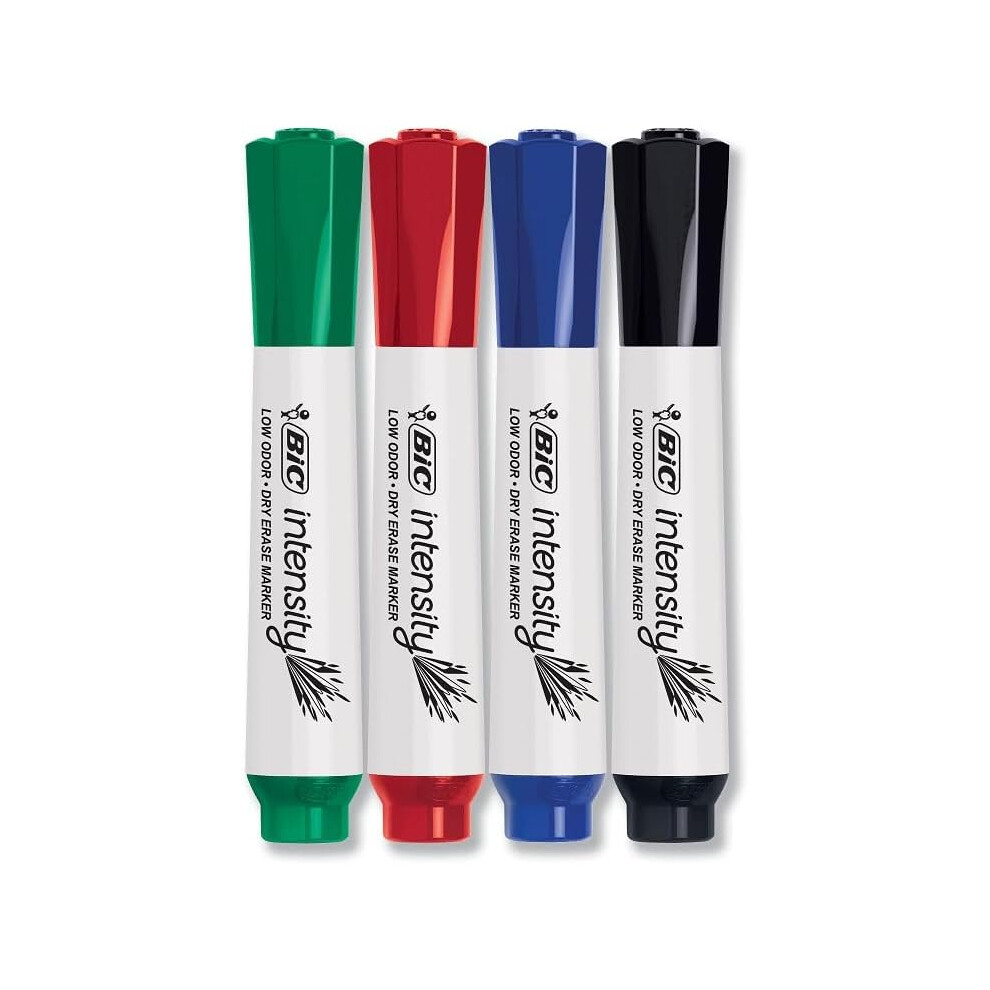 Bic Intensity Low Odor Dry Erase Markers, Assorted Colors, 4-Count Pack Of Erasable Markers With Low-Odor Ink For A Pleasant Writing Experience