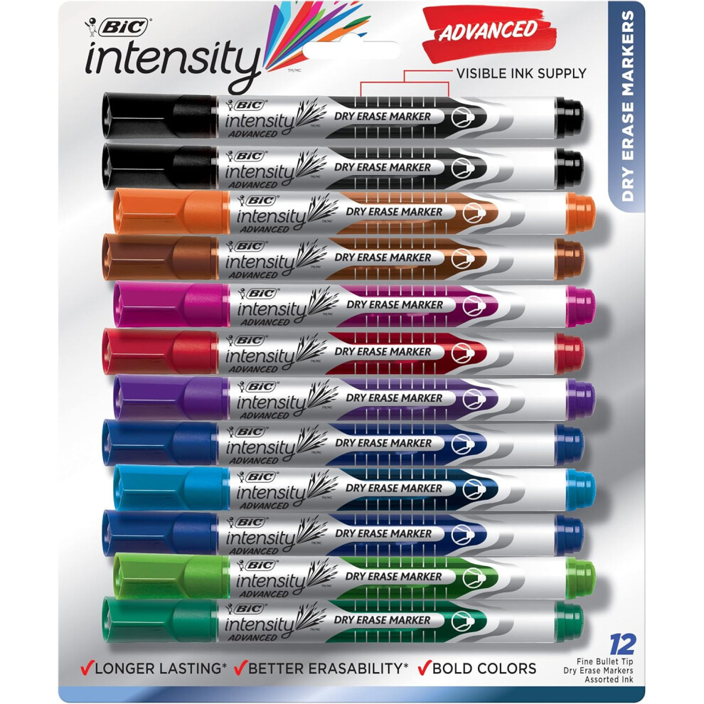 Bic Intensity Advanced Colorful Dry Erase Markers, Bullet Tip, Whiteboard Markers For Teachers And Students, School Supplies, 12-Count Pack