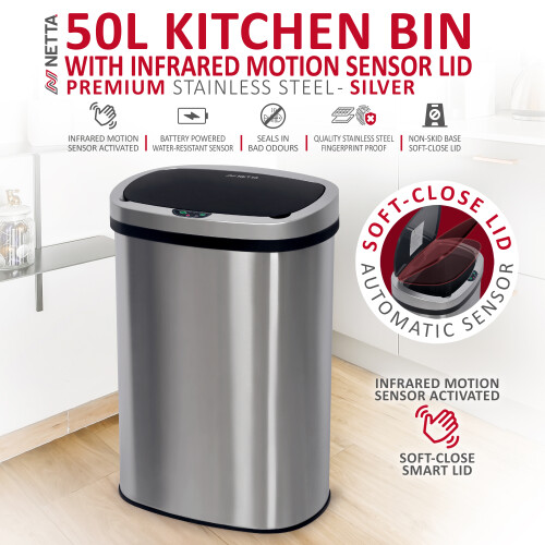 NETTA NETTA 50L Stainless Steel Sensor Bin - Silver 1
