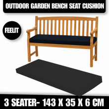 (3 seater- 143 x 35 x 6 cm) Black Replacement Outdoor Bench Cushion Black Thick Garden Seat Pad