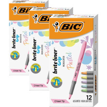BIC Brite Liner Grip Pastel Highlighter Set, Chisel Tip, 12-Count Pack of Pastel Highlighters in Assorted Colors, (Pack of 3)
