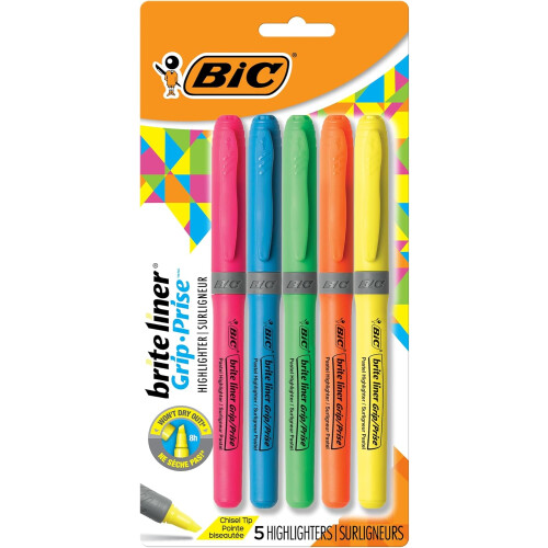 BIC BIC Brite Liner Grip Highlighter, Chisel Tip (1.6 mm), Assorted Colors, For Broad Highlighting & Fine Underlining, 5-Count