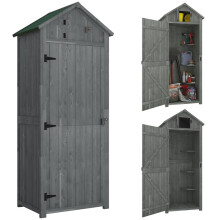 Casetta da giardino in legno per attrezzi, con porta, tetto a due falde e ripiani portaoggetti.