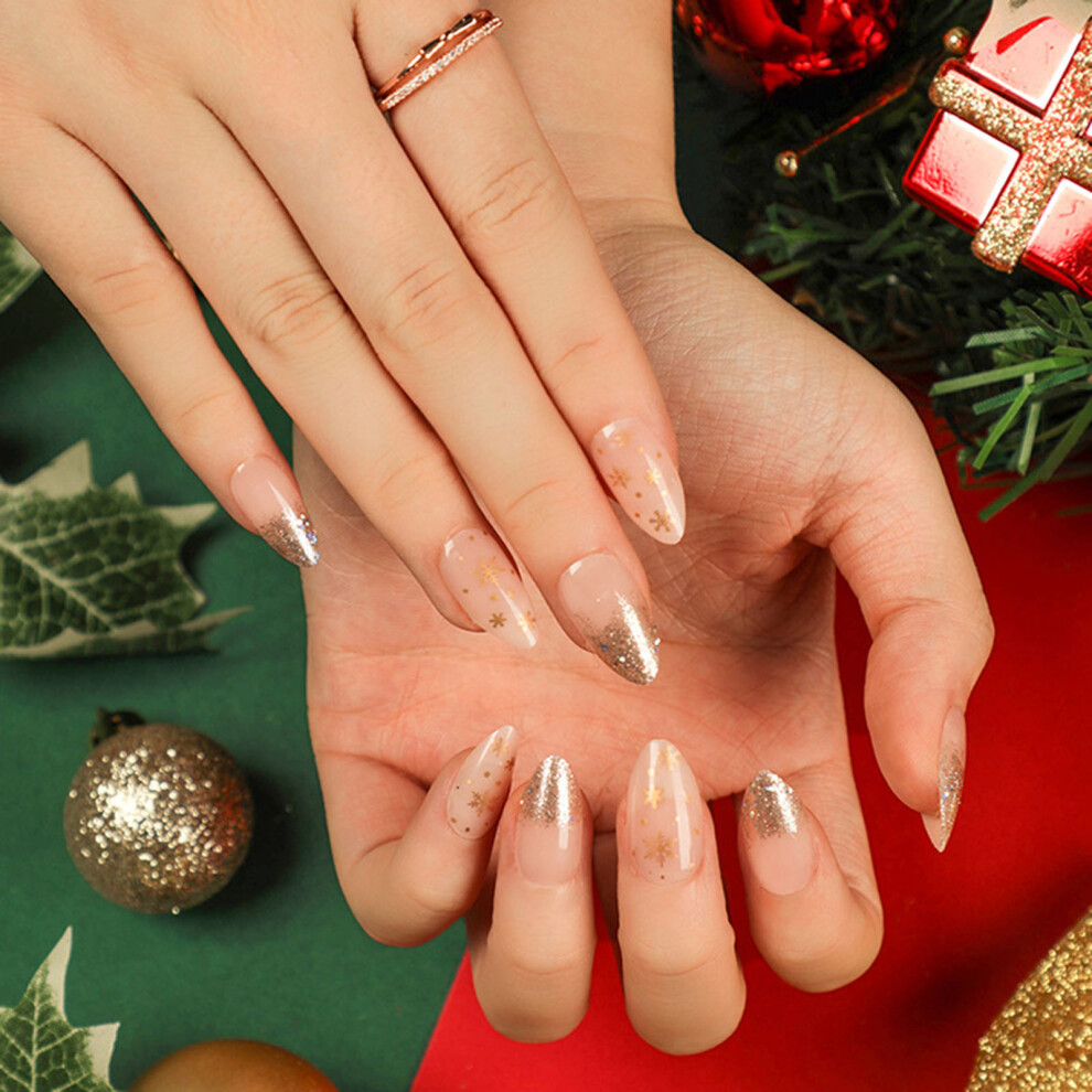 Phui-Pet-Supplies (Jelly Glue Model) Glitter Snowflake Almond Nude False Nails For Beginners