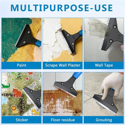 Heavy-Duty Floor Scraper with 8-66.5" Long Handle, 4-Inch Metal Blade Cleaning Tool, Includes 10 Replacement Blades 1