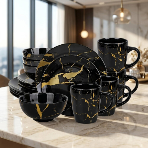 Alivio 16-Piece Premium Porcelain Dinnerware Set Black-Gold Marble Design