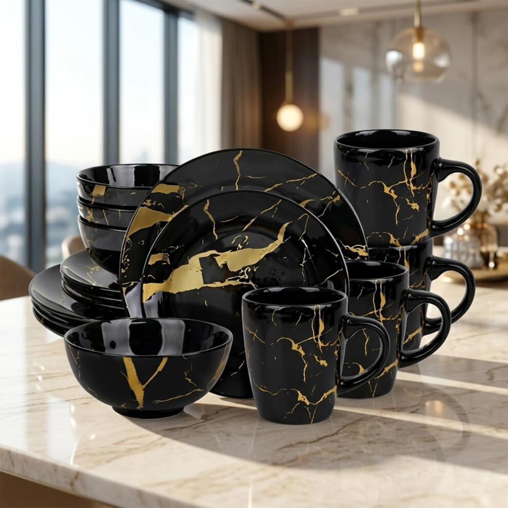 Alivio 16-Piece Premium Porcelain Dinnerware Set Black-Gold Marble Design