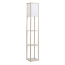 Lampada da terra in legno con mensole, ideale per soggiorno e camera da letto.