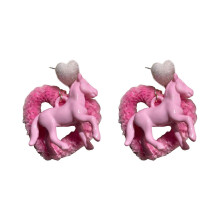Trendy Pink Heart Ponies Ear Cuffs Comfortable Resin Clip On Earrings Trendy Women's Ear Studs for Parties and Dates
