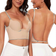 Bebetter Low Back Bras compatible Women-seamless Deep U Plunge Backless Bras Convertible Multiway Low Cut Open Back Bra Halter Bras 25-26