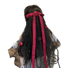 Graceful Bride Lace Veil Women Bowknot Tulle Bachelorette Party Veil with Rose/Pearl/Bowknot for Girls Photography Black