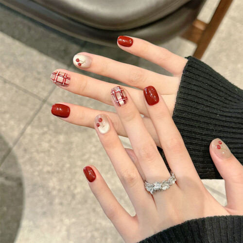 (Short Circle) Cherry Red Press On Nails - 10pcs 1