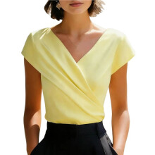 Dames Top van Zijdesatijn met Colkraag, Elegante Casual Zomerblouse met Korte Mouwen Geel L