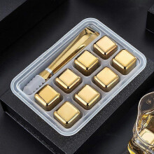 Golden Stainless Steel Whiskey Ice Cubes Set with Clamp, 8-Piece Quick-Freeze Metal Chilling Rocks for Cocktails Wine Beverages, Reusable