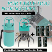 Dog Poop Scooper Set, Portable with Bag Dispenser, 6-Piece, Cyan Plastic, 75 Bags (5 Rolls) Paw Print Design for Outdoor Waste Pick-Up