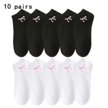 (One-size, 5 White and 5 Black) Women's Boat Socks with Pink Bows, Low-Cut Hidden Style for Sneakers Loafers Flats