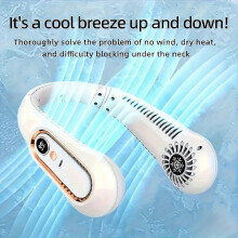 (White) Blade-Free Neck Fan, USB Rechargeable Portable Mini Fan with Digital Display, 5 Speeds for Outdoor Camping Travel